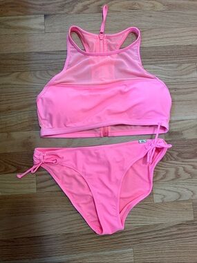 Girls' Neon Pink High-Neck Bikini Set